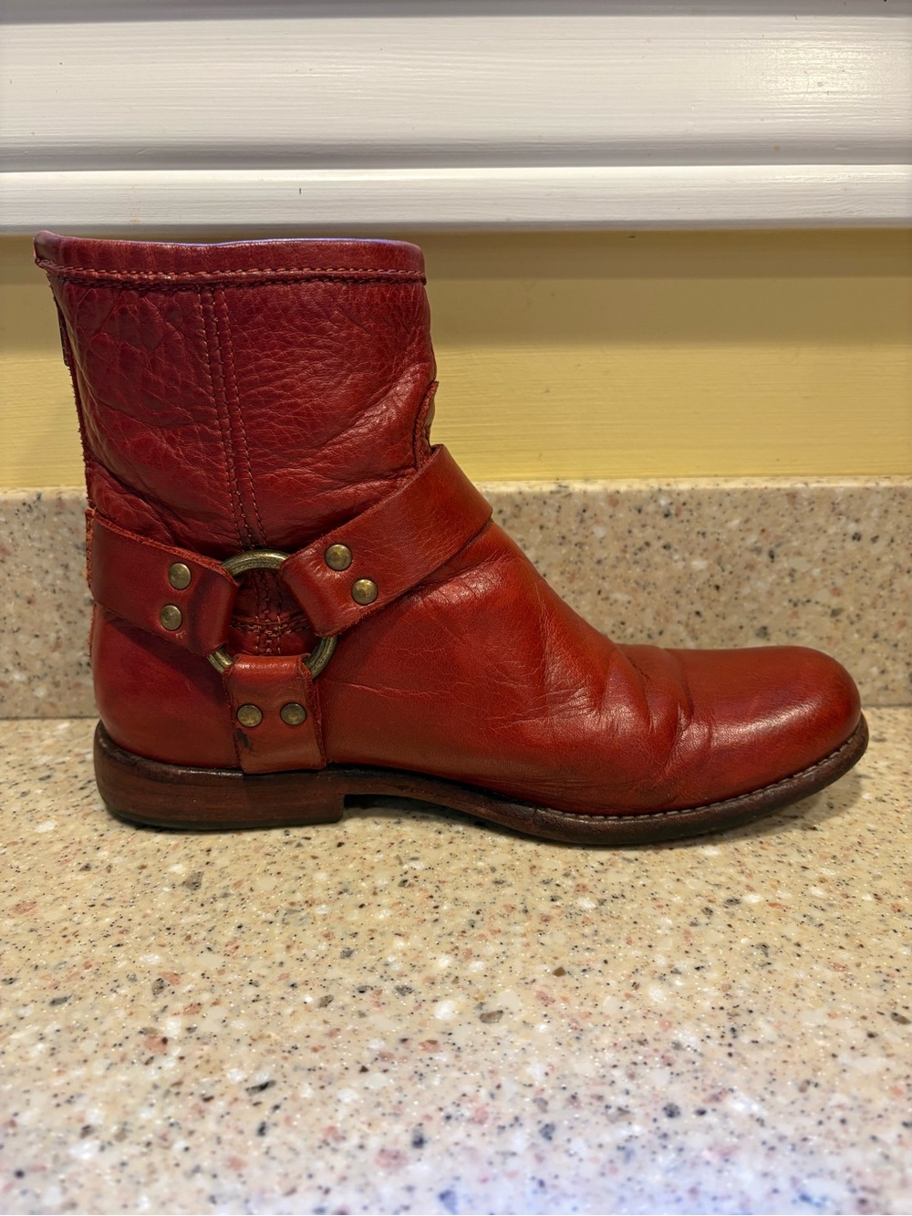 Women’s Vintage Frye Phillip Harness Leather Ankle Boots, Burnt Red, Size 6